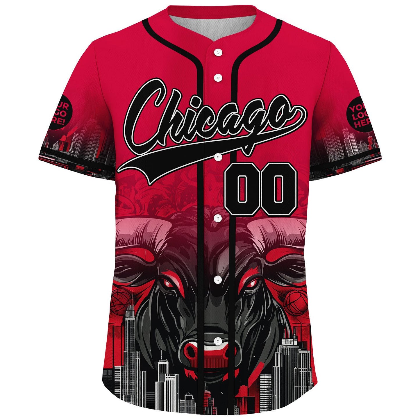 Black Red Chicago Illinois Giant Bull City Tropical Backdrop Custom Name Baseball Jerseys For Men & Women