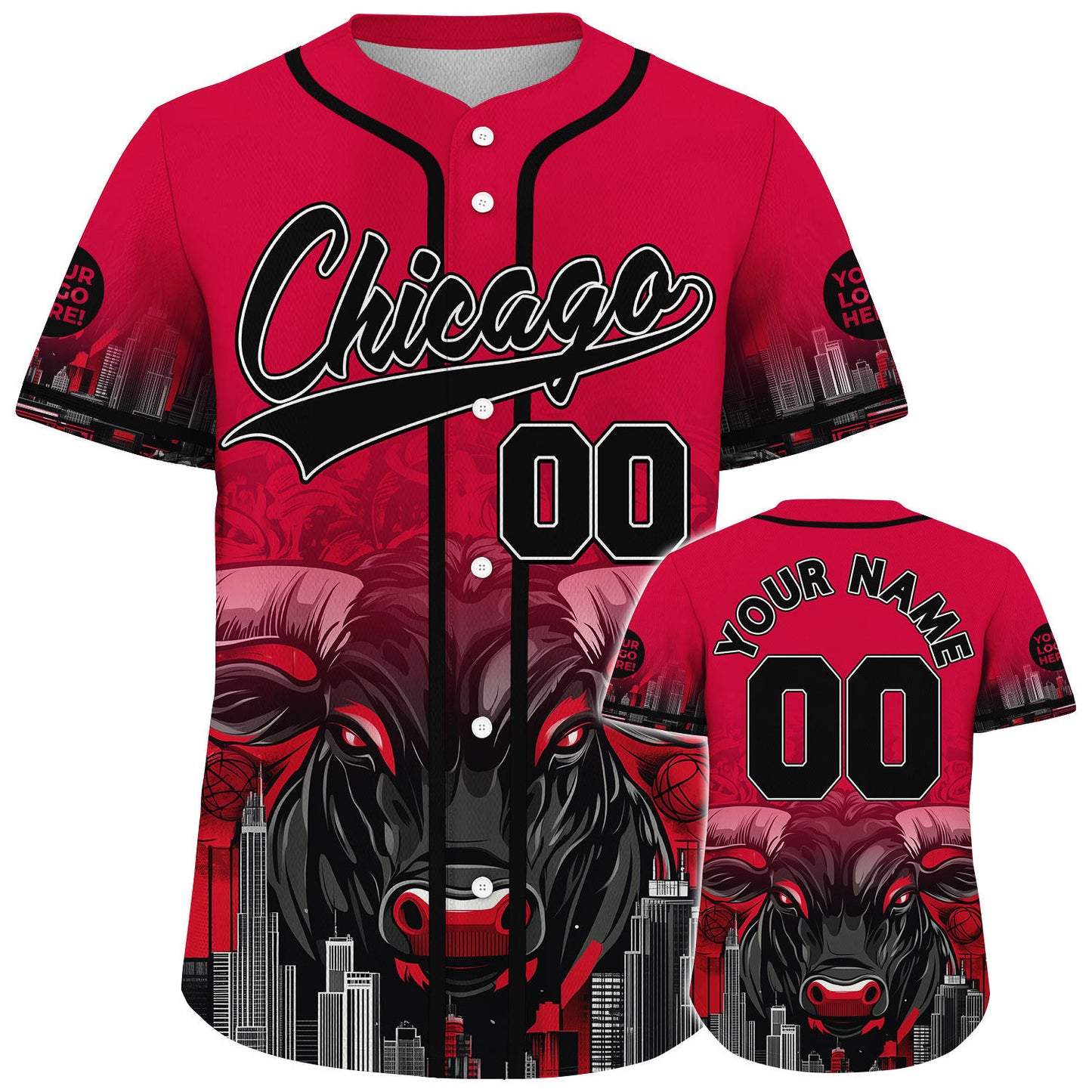 Black Red Chicago Illinois Giant Bull City Tropical Backdrop Custom Name Baseball Jerseys For Men & Women