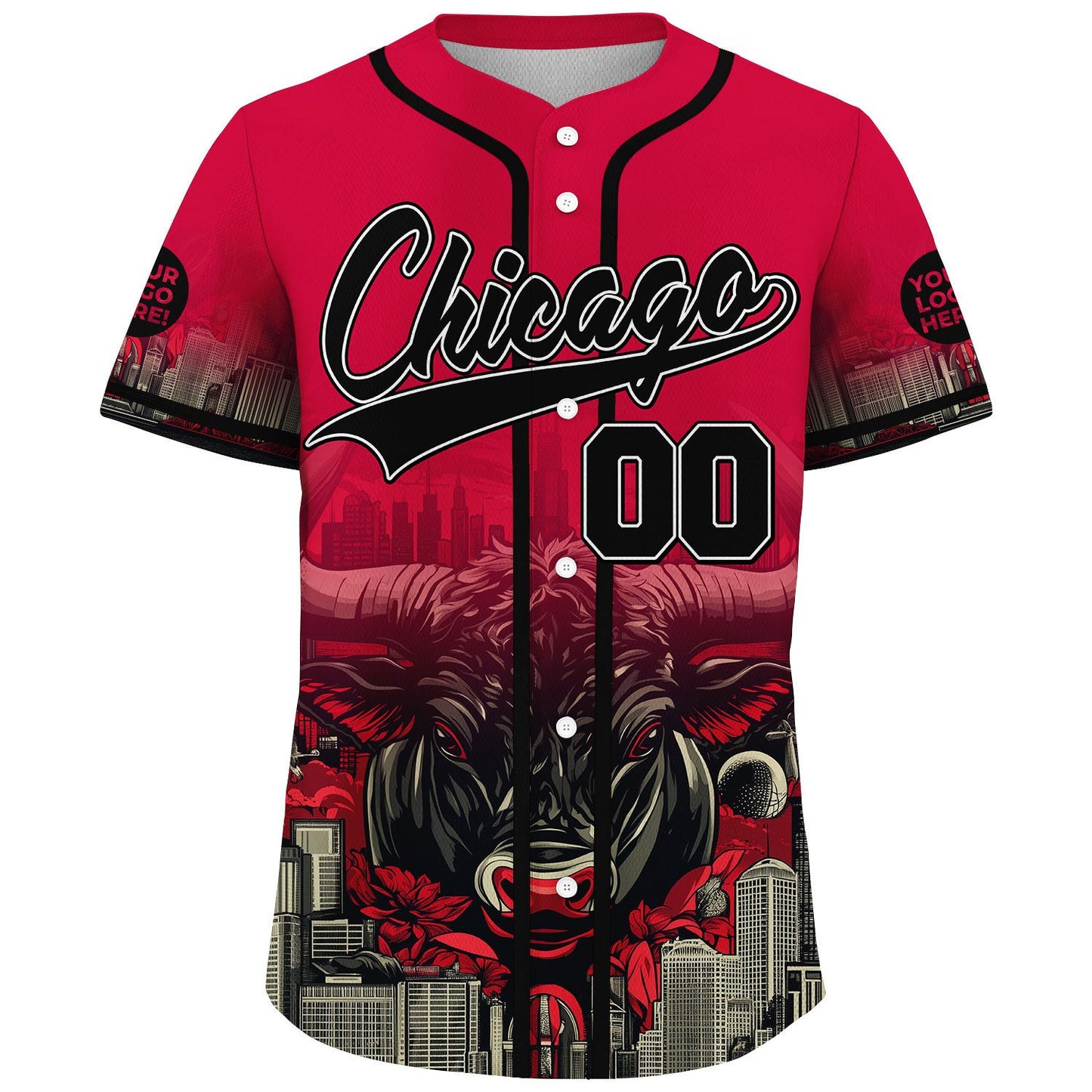 Black Red Chicago Illinois Sleek Bull City Tropical Backdrop Custom Name Baseball Jerseys For Men & Women