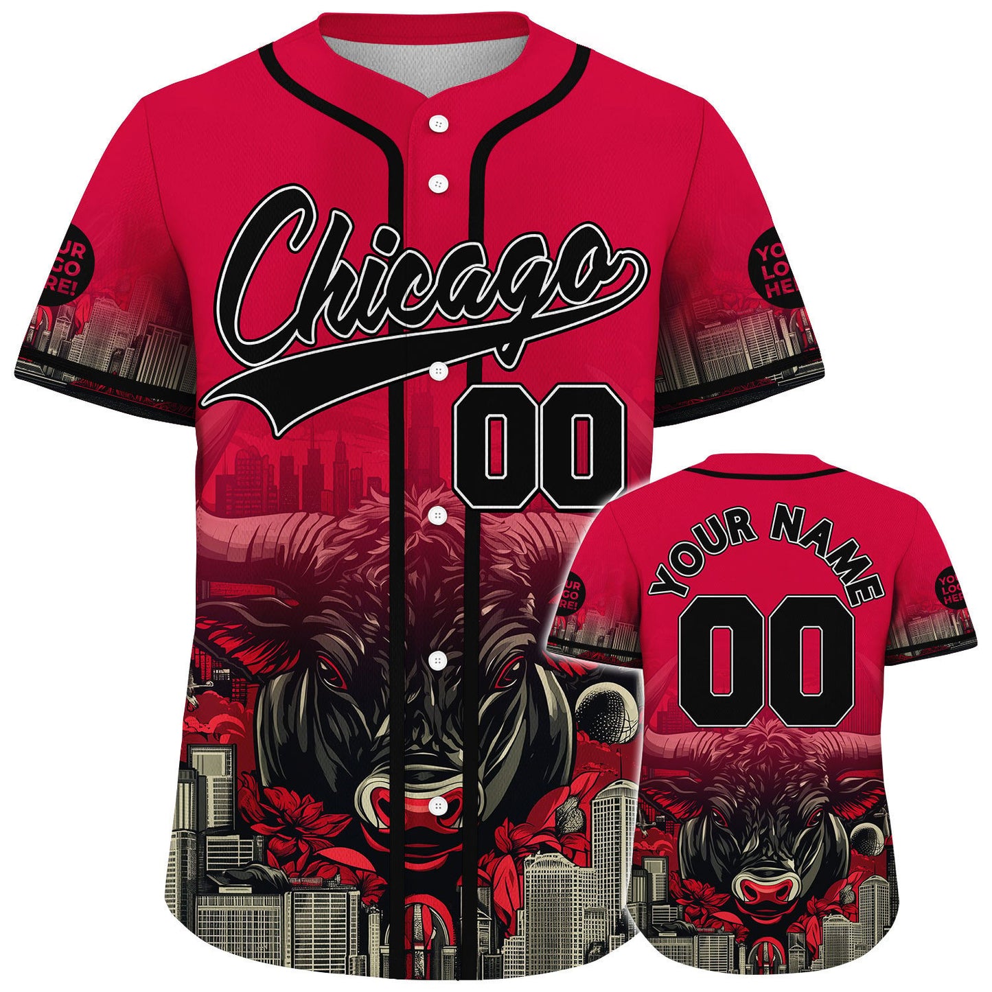 Black Red Chicago Illinois Sleek Bull City Tropical Backdrop Custom Name Baseball Jerseys For Men & Women