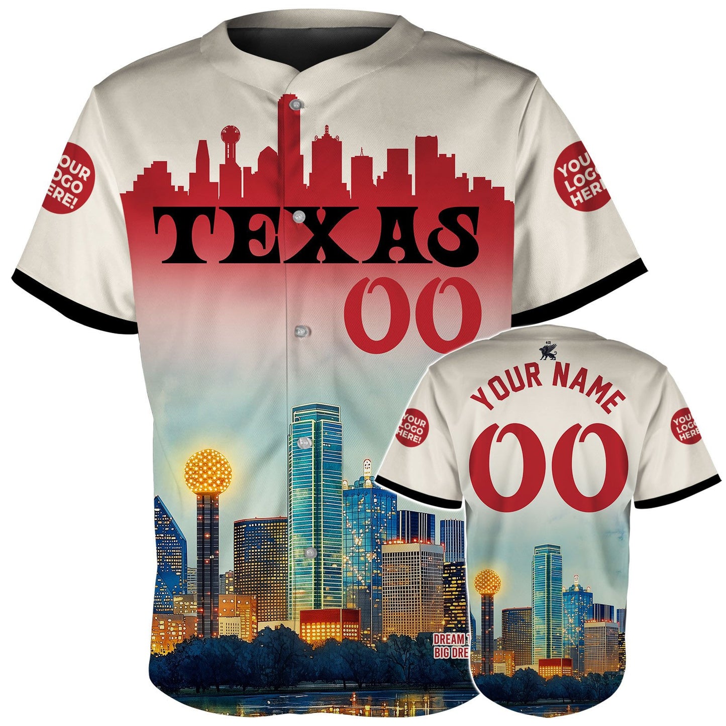 Texas Dallas Skyline With Reunion Tower at Night Custom Name Baseball Jerseys For Men & Women