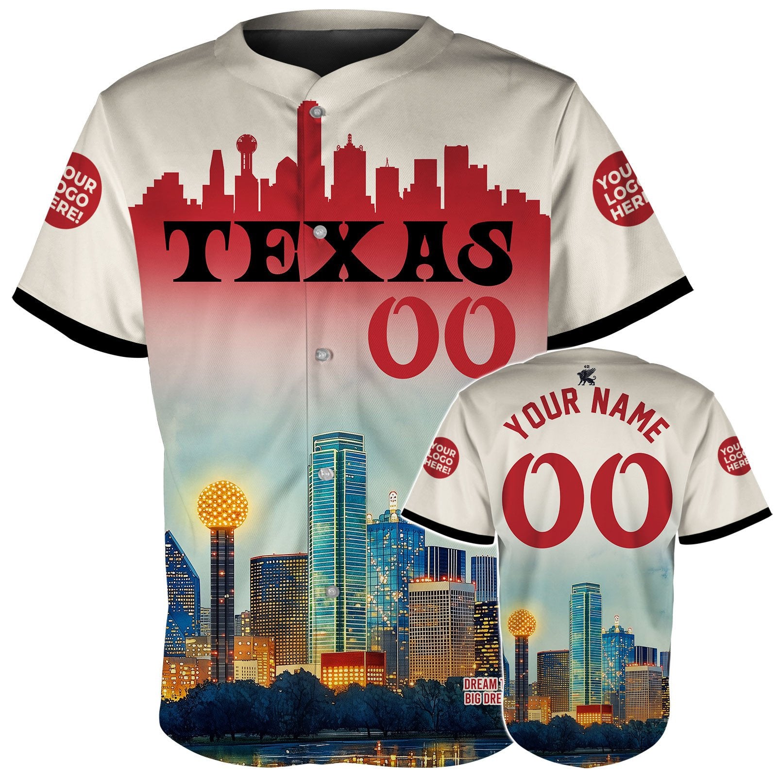 Texas Dallas Skyline With Reunion Tower at Night Custom Name Baseball Jerseys For Men & Women