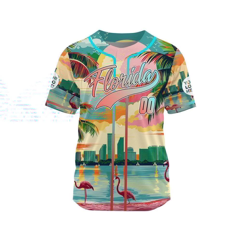 Light Pink Teal Florida Miami City Flamingo In Tropical Beach Custom Name Baseball Jerseys For Men & Women