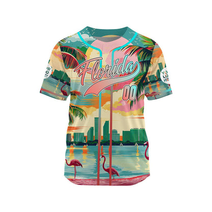 Light Pink Teal Florida Miami City Flamingo In Tropical Beach Custom Name Baseball Jerseys For Men & Women