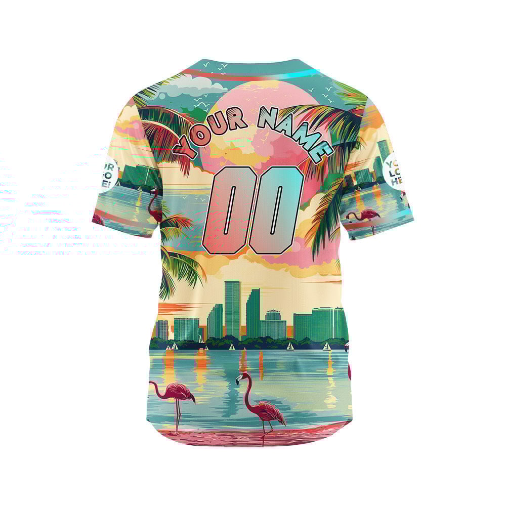 Light Pink Teal Florida Miami City Flamingo In Tropical Beach Custom Name Baseball Jerseys For Men & Women