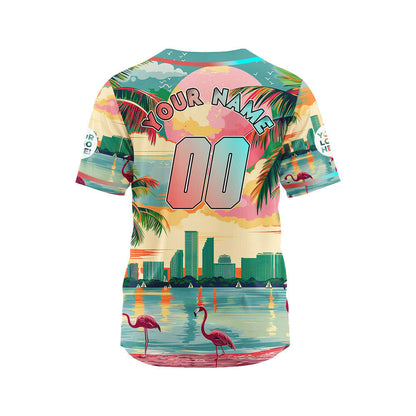 Light Pink Teal Florida Miami City Flamingo In Tropical Beach Custom Name Baseball Jerseys For Men & Women