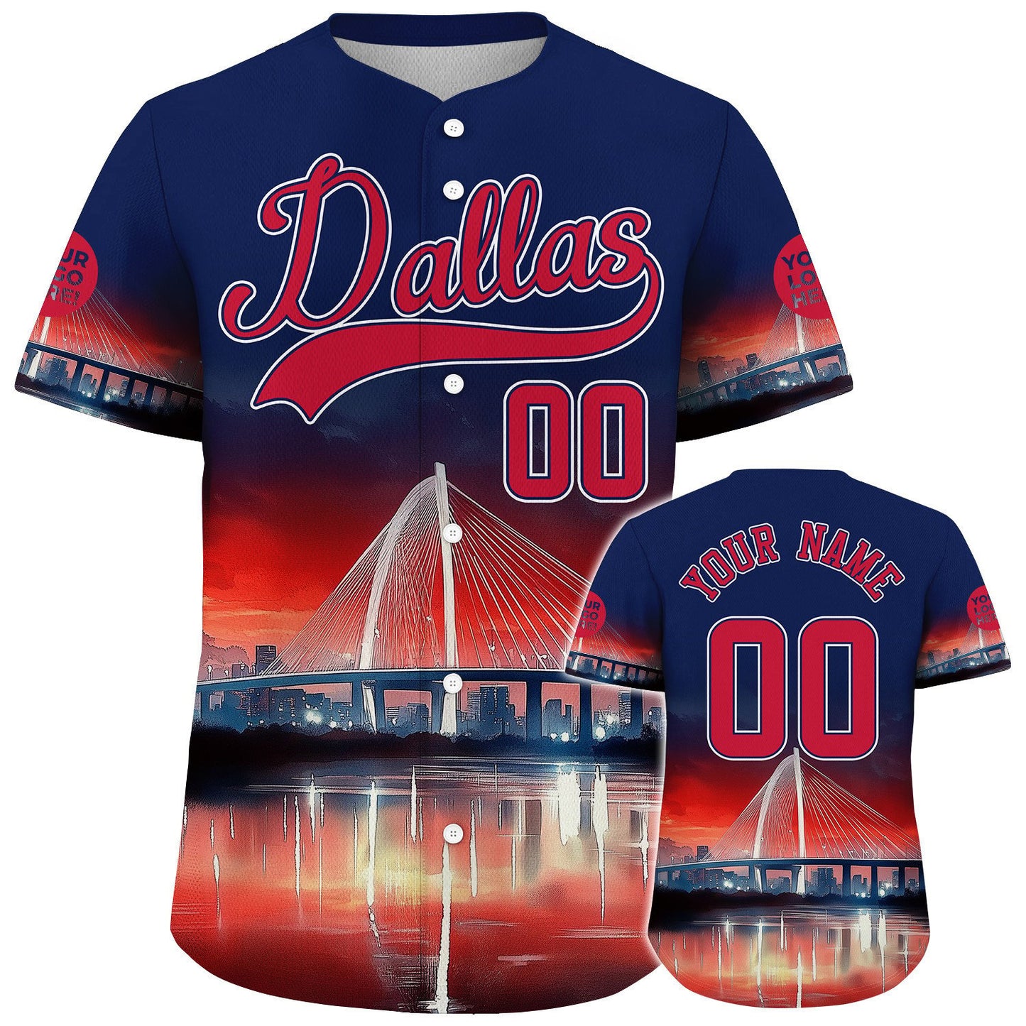 Red Blue Texas Dallas City Margaret Hunt Hill Bridge Lightning Night Custom Name Baseball Jerseys For Men & Women