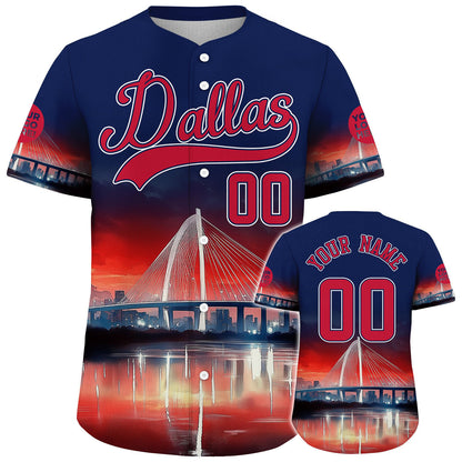 Red Blue Texas Dallas City Margaret Hunt Hill Bridge Lightning Night Custom Name Baseball Jerseys For Men & Women