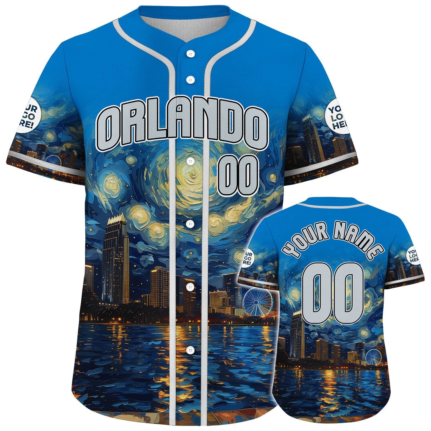 Grey Blue Orlando Lightning City In Night Van Gogh Art Style Custom Name Baseball Jerseys For Men & Women