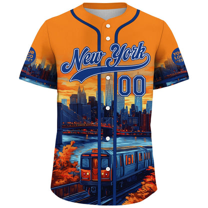 Blue Orange New York City Cable Car Brooklyn Bridge City Backdrop Autumn Vibe Custom Name Baseball Jerseys For Men & Women