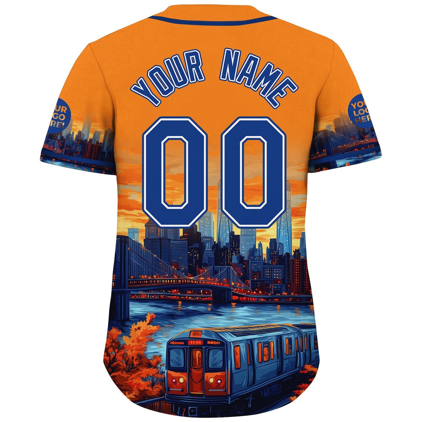 Blue Orange New York City Cable Car Brooklyn Bridge City Backdrop Autumn Vibe Custom Name Baseball Jerseys For Men & Women