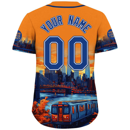 Blue Orange New York City Cable Car Brooklyn Bridge City Backdrop Autumn Vibe Custom Name Baseball Jerseys For Men & Women