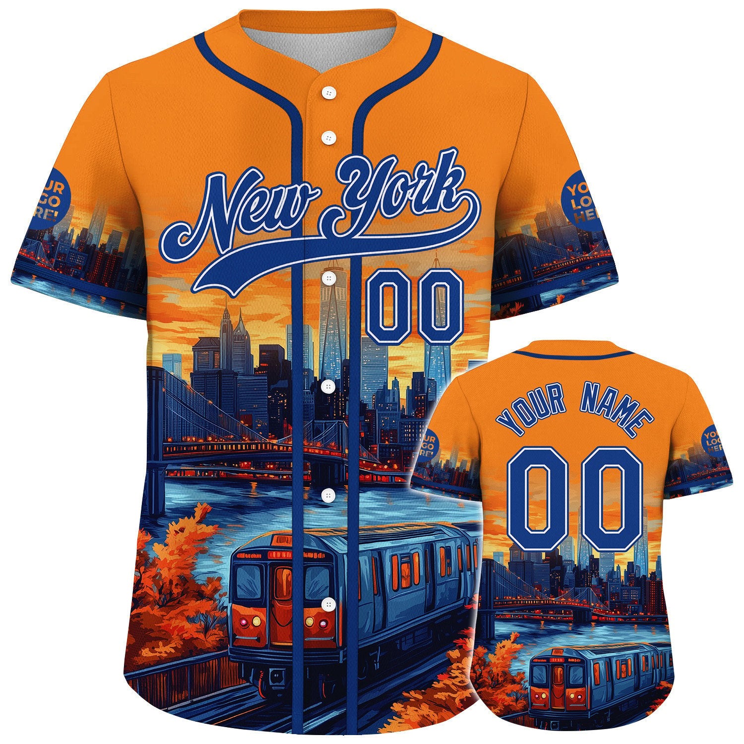 Blue Orange New York City Cable Car Brooklyn Bridge City Backdrop Autumn Vibe Custom Name Baseball Jerseys For Men & Women