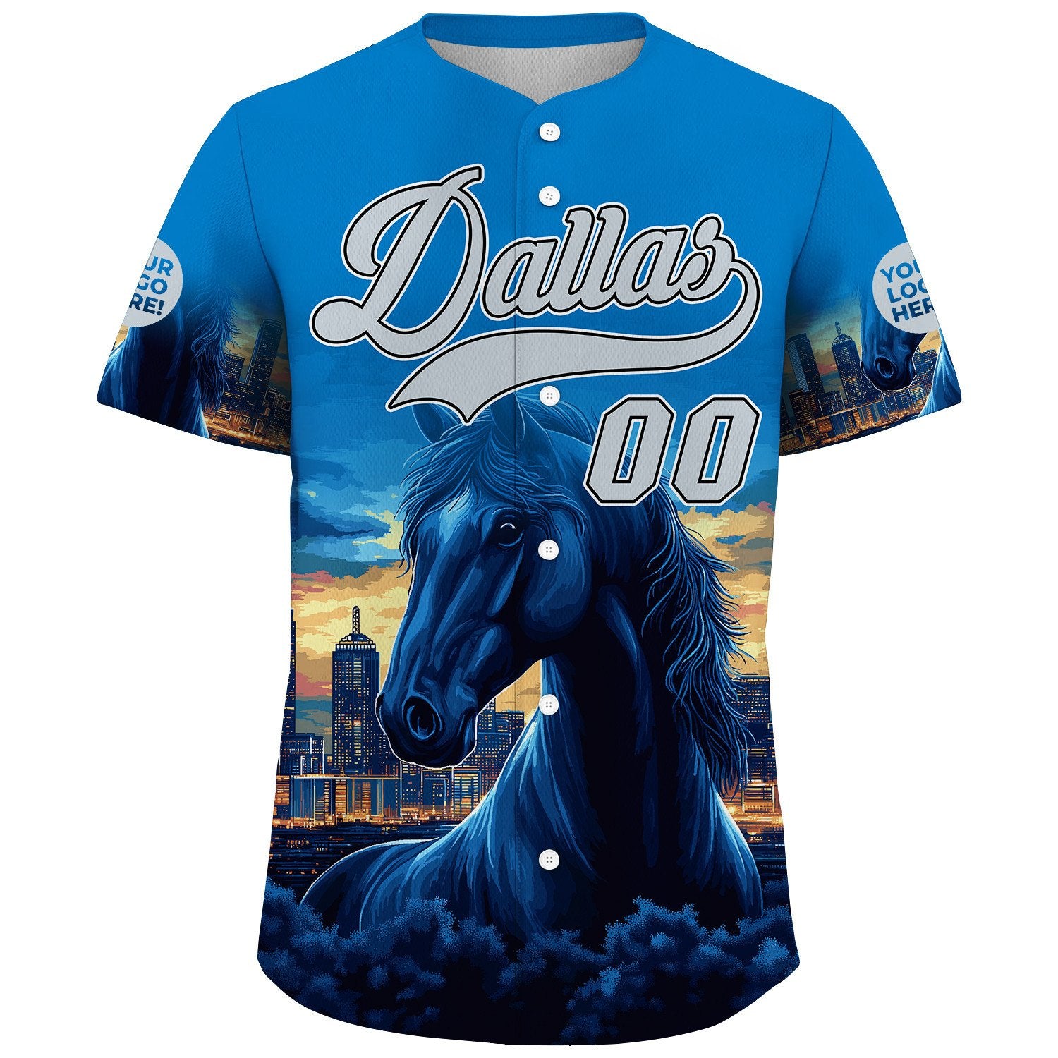 Silver Blue Dallas City Texas District Fierce Horse City Sunset Backdrop Custom Name Baseball Jerseys For Men & Women