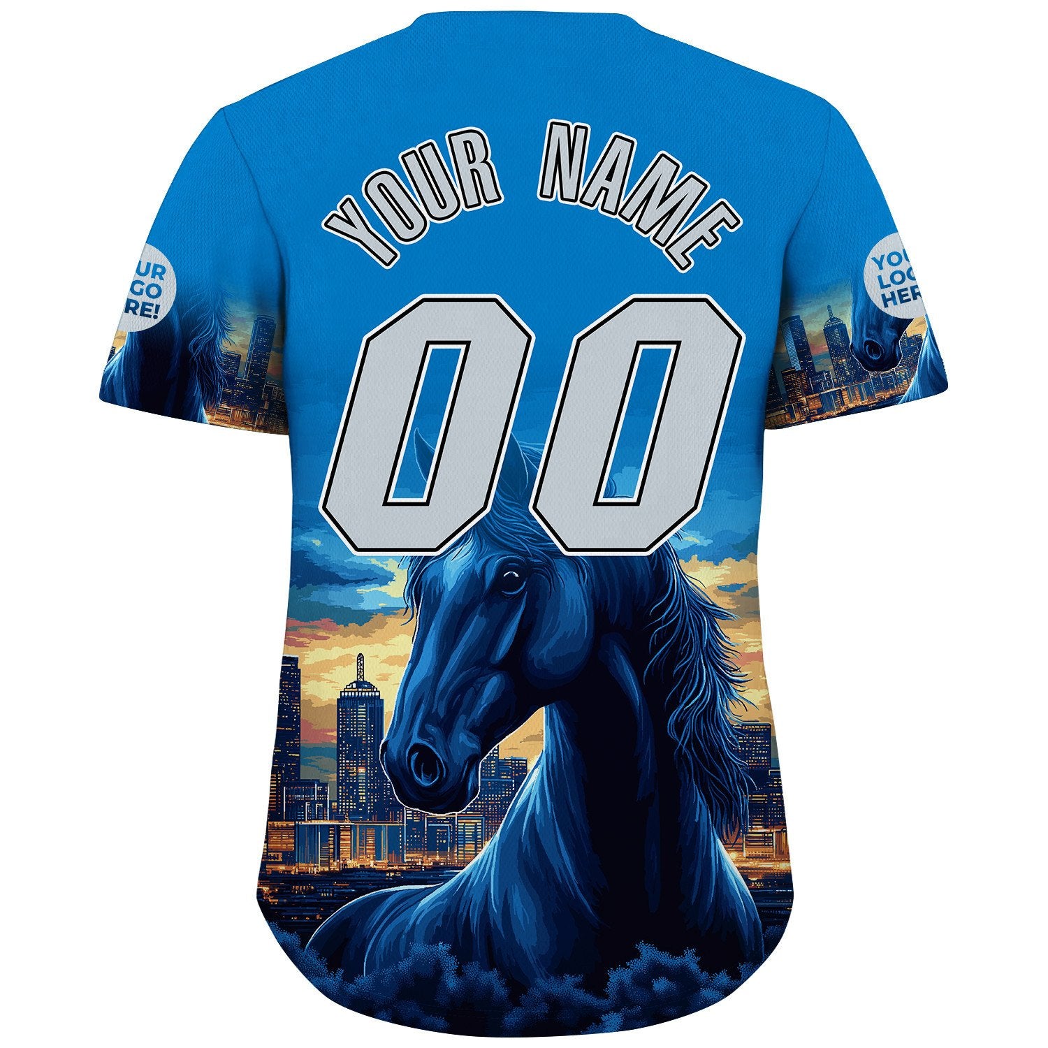 Silver Blue Dallas City Texas District Fierce Horse City Sunset Backdrop Custom Name Baseball Jerseys For Men & Women