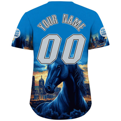 Silver Blue Dallas City Texas District Fierce Horse City Sunset Backdrop Custom Name Baseball Jerseys For Men & Women