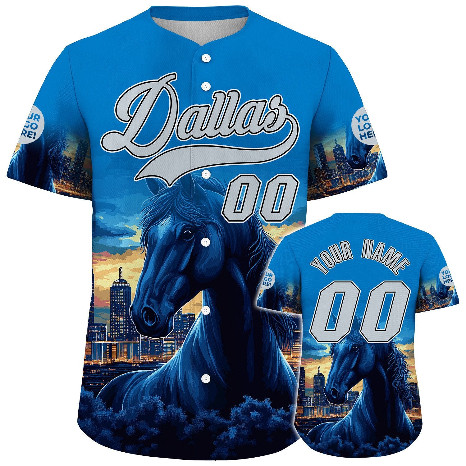 Silver Blue Dallas City Texas District Fierce Horse City Sunset Backdrop Custom Name Baseball Jerseys For Men & Women