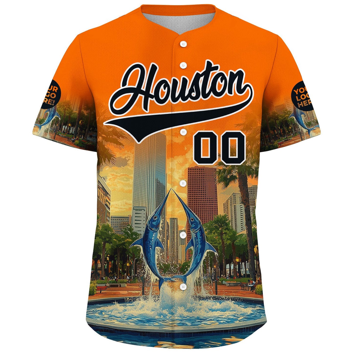 Black Orange Houston City Texas District Marlin In Fountain City Backdrop Custom Name Baseball Jerseys For Men & Women