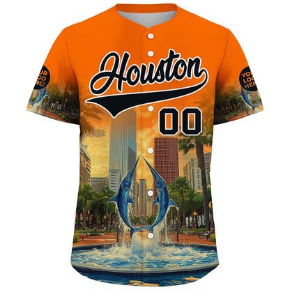 Black Orange Houston City Texas District Marlin In Fountain City Backdrop Custom Name Baseball Jerseys For Men & Women