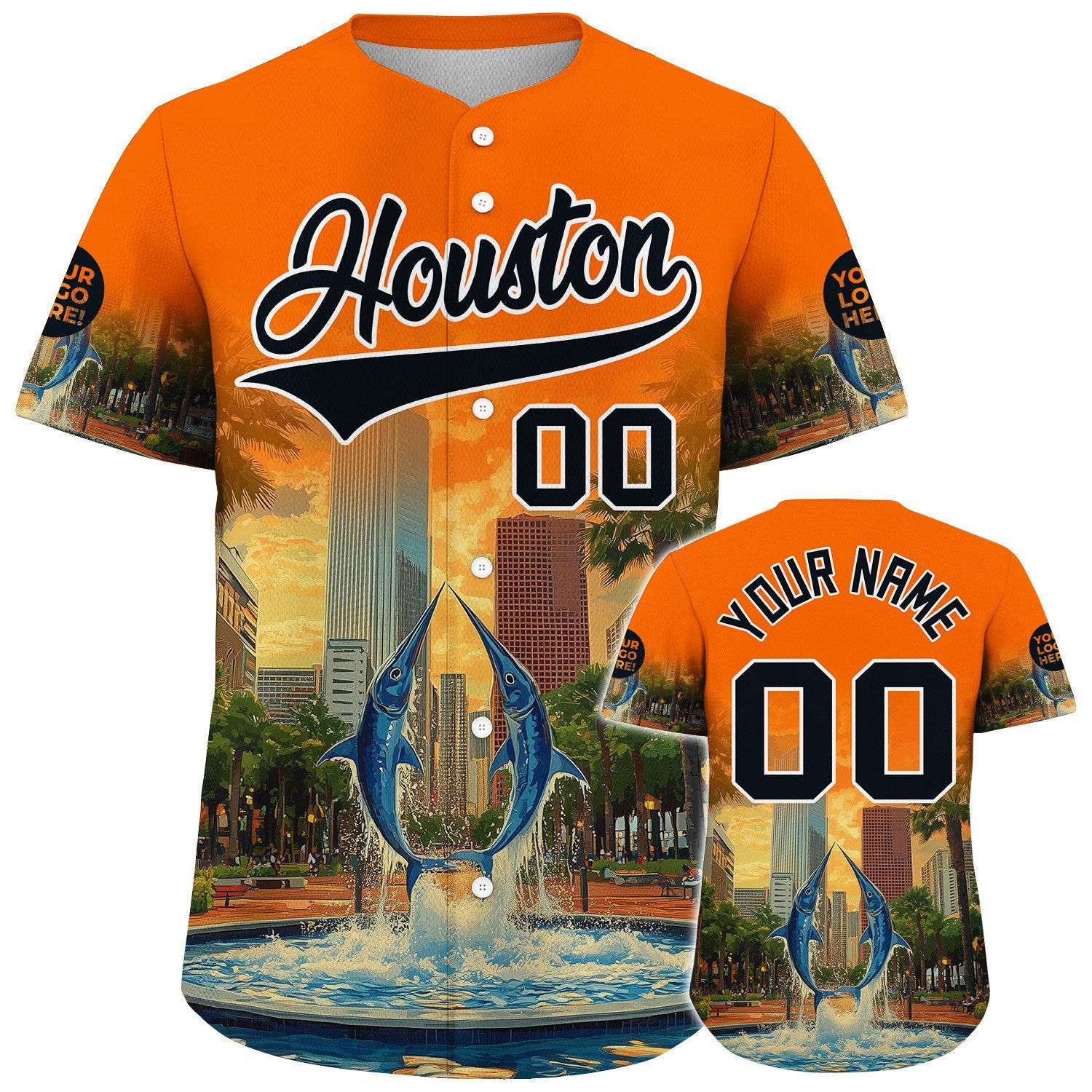 Black Orange Houston City Texas District Marlin In Fountain City Backdrop Custom Name Baseball Jerseys For Men & Women