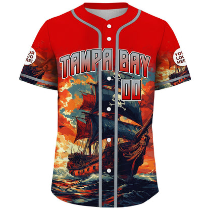 Pewter Buccaneer Red Tampa Bay Pirate Boat Skyline Sunset Custom Name Baseball Jerseys For Men & Women