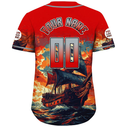 Pewter Buccaneer Red Tampa Bay Pirate Boat Skyline Sunset Custom Name Baseball Jerseys For Men & Women