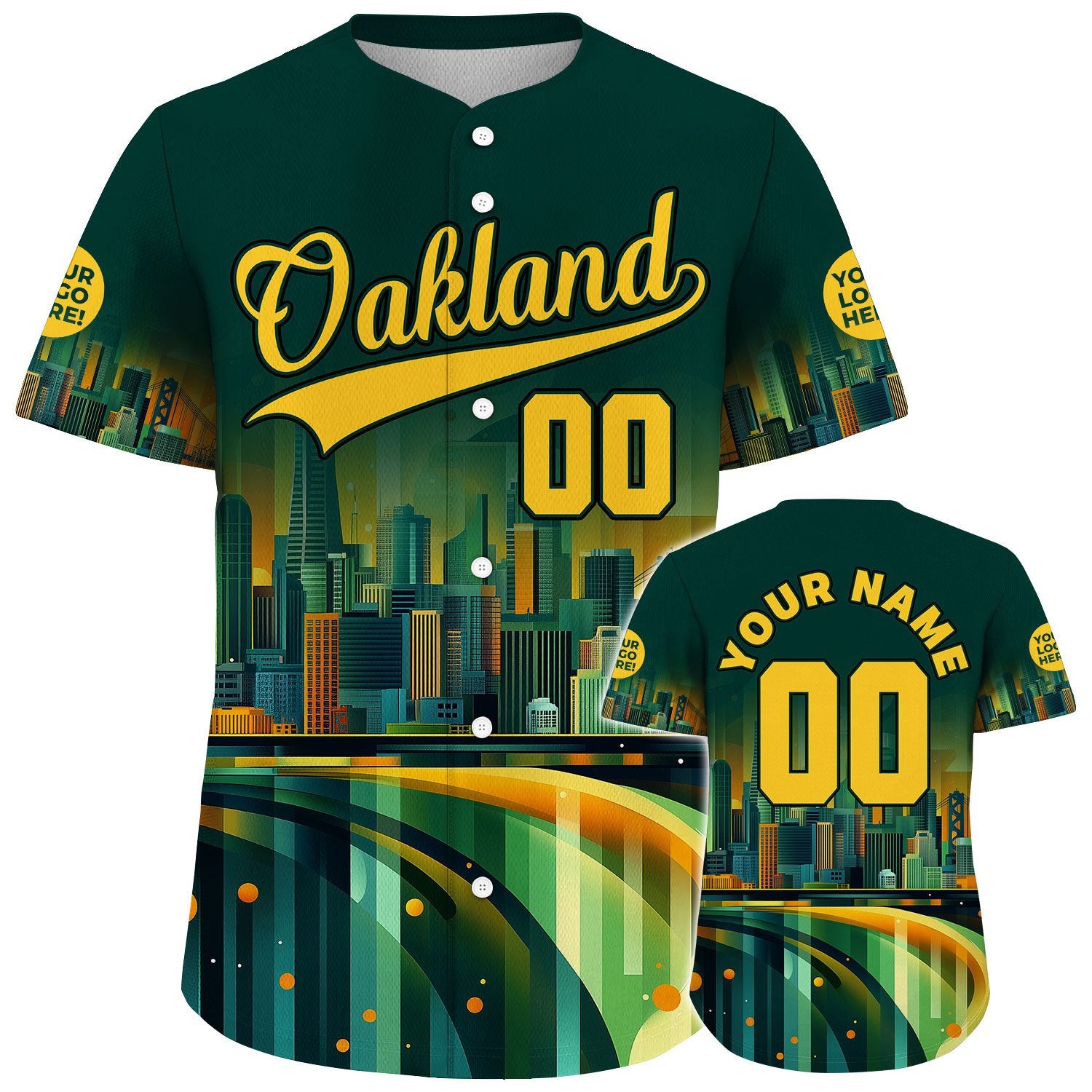 Golden Green Oakland California City View Dreamscape Custom Name Baseball Jerseys For Men & Women
