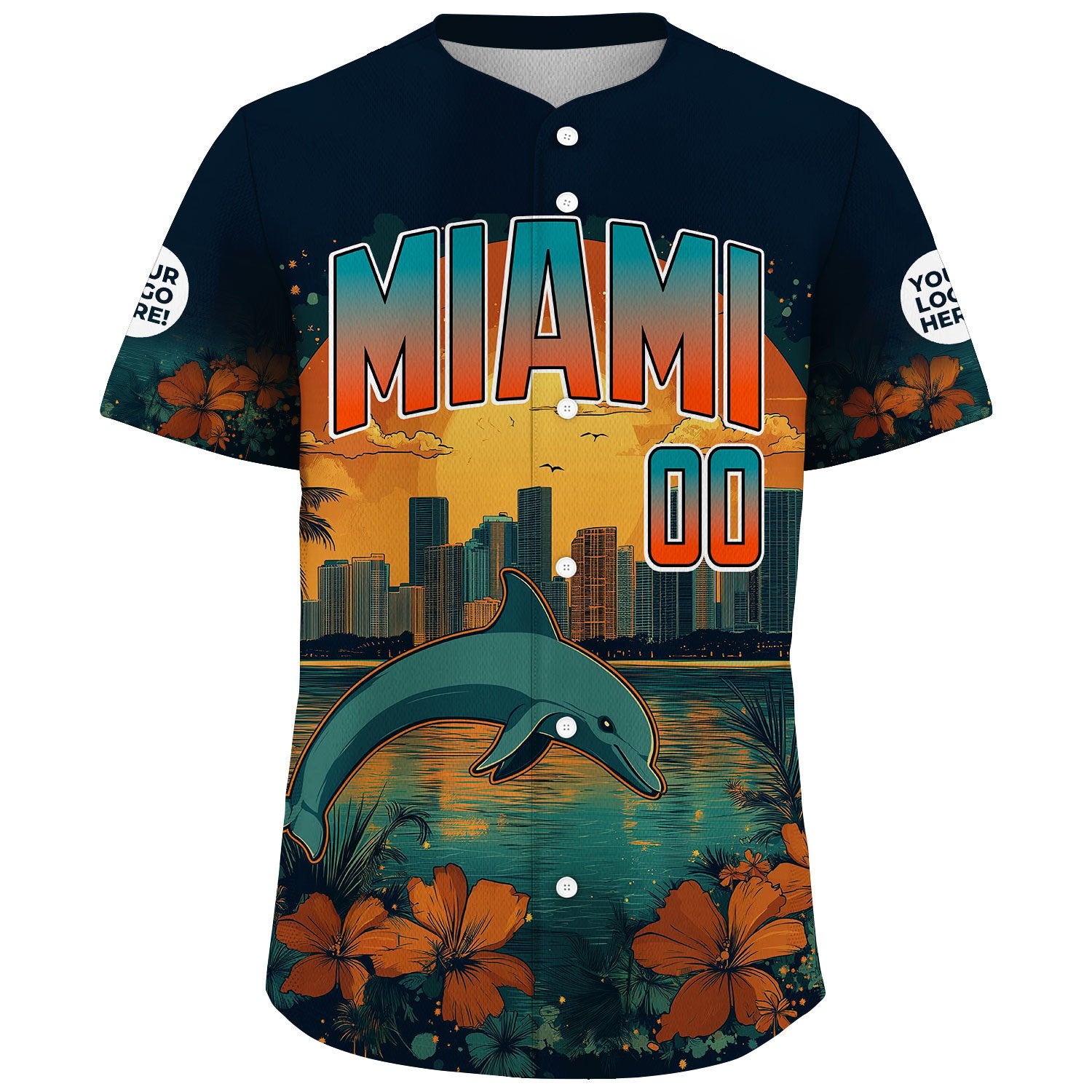 Aqua Orange Black Miami Florida Dolphin And Flower City Backdrop Colorful Summer Custom Name Baseball Jerseys For Men & Women