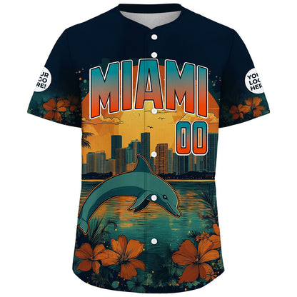 Aqua Orange Black Miami Florida Dolphin And Flower City Backdrop Colorful Summer Custom Name Baseball Jerseys For Men & Women