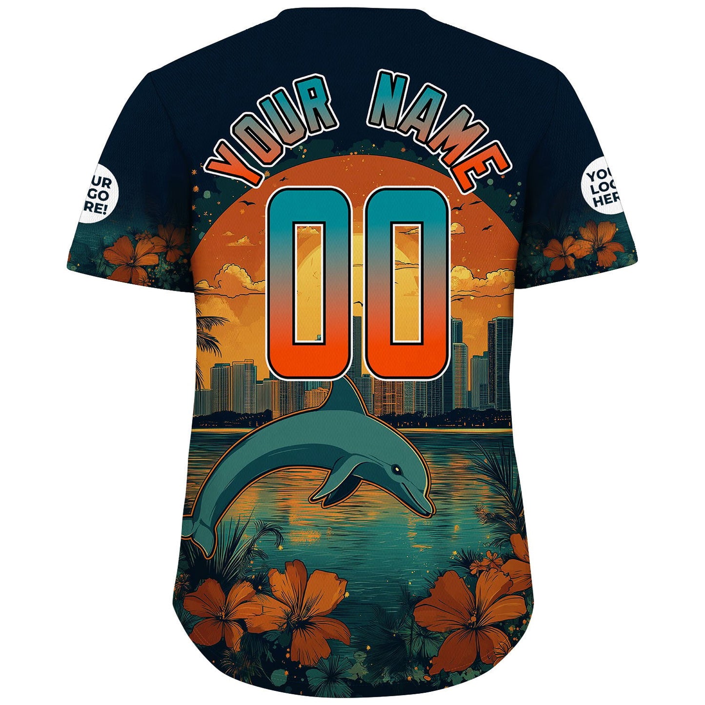 Aqua Orange Black Miami Florida Dolphin And Flower City Backdrop Colorful Summer Custom Name Baseball Jerseys For Men & Women