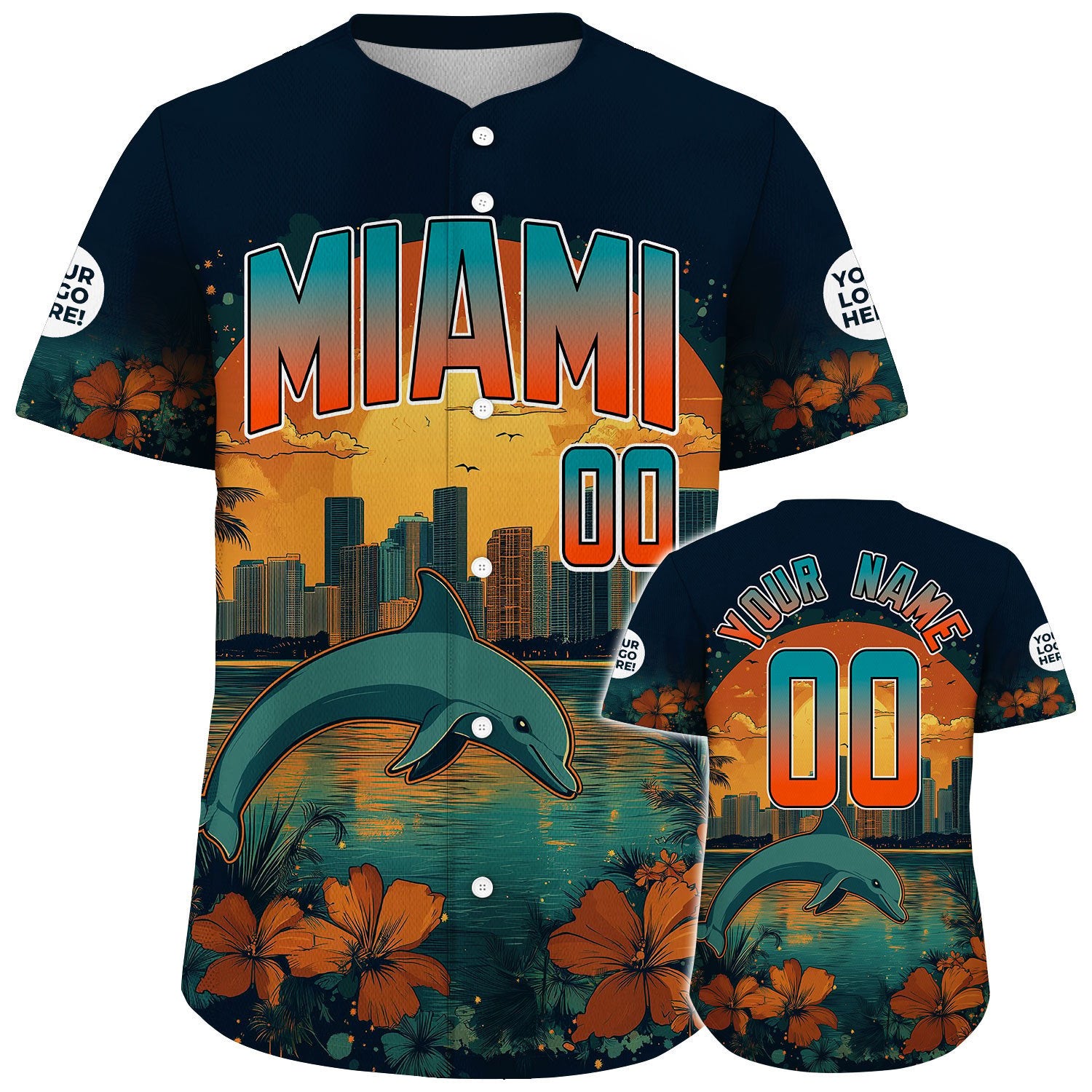 Aqua Orange Black Miami Florida Dolphin And Flower City Backdrop Colorful Summer Custom Name Baseball Jerseys For Men & Women