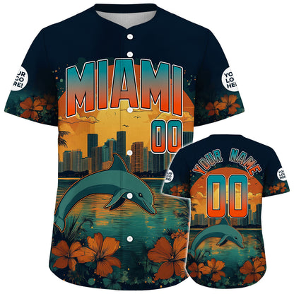 Aqua Orange Black Miami Florida Dolphin And Flower City Backdrop Colorful Summer Custom Name Baseball Jerseys For Men & Women