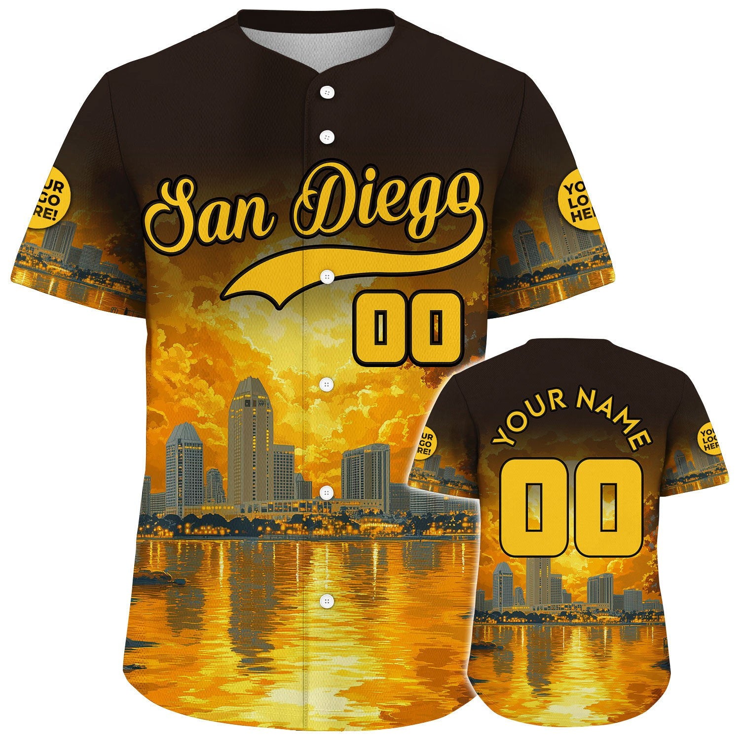 Gold Brown San Diego California Manchester Grand Hyatt Golden Sunset River View Custom Name Baseball Jerseys For Men & Women