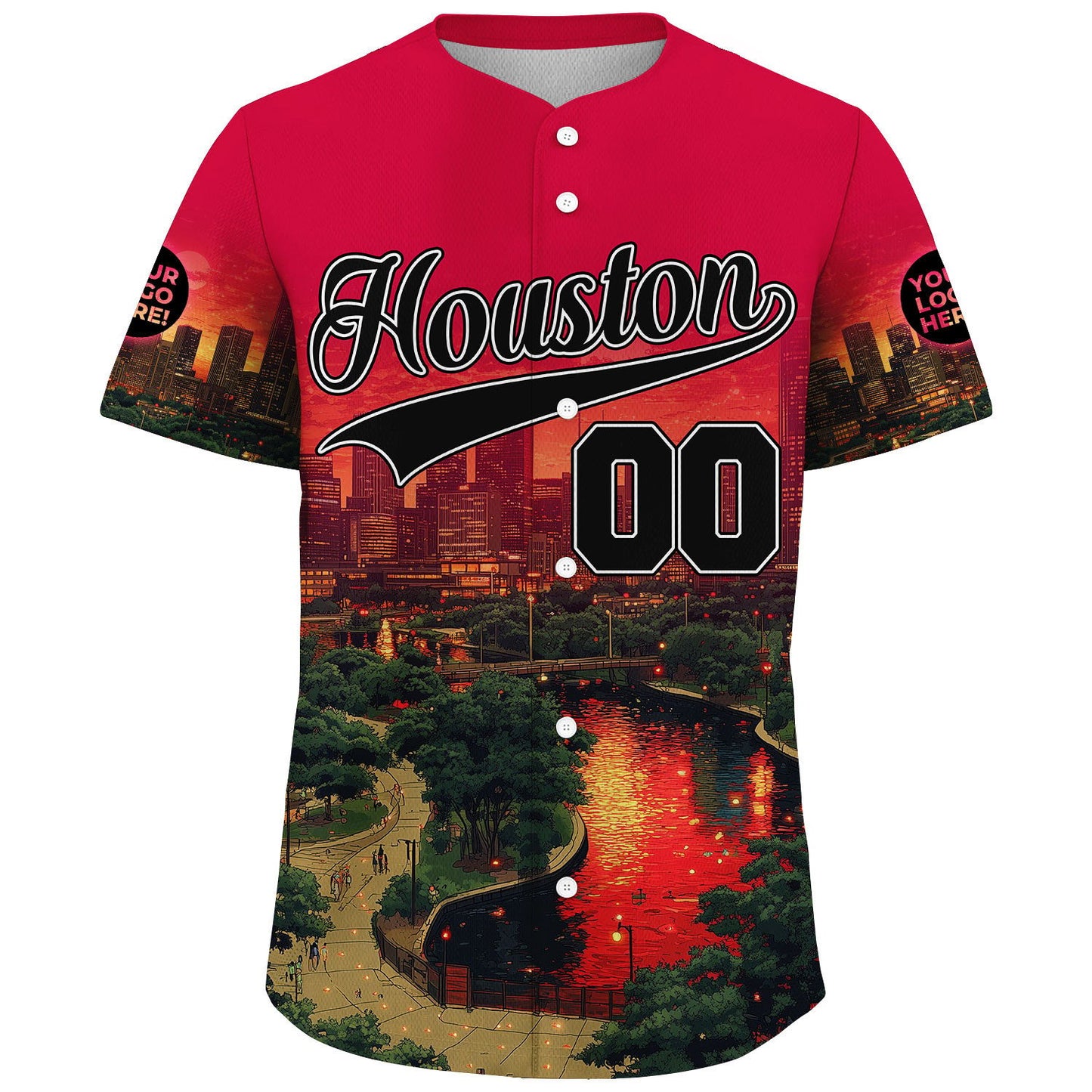Black Red Houston Texas Rocket City Sunset Skyline Lake View Custom Name Baseball Jerseys For Men & Women