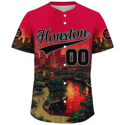 Black Red Houston Texas Rocket City Sunset Skyline Lake View Custom Name Baseball Jerseys For Men & Women