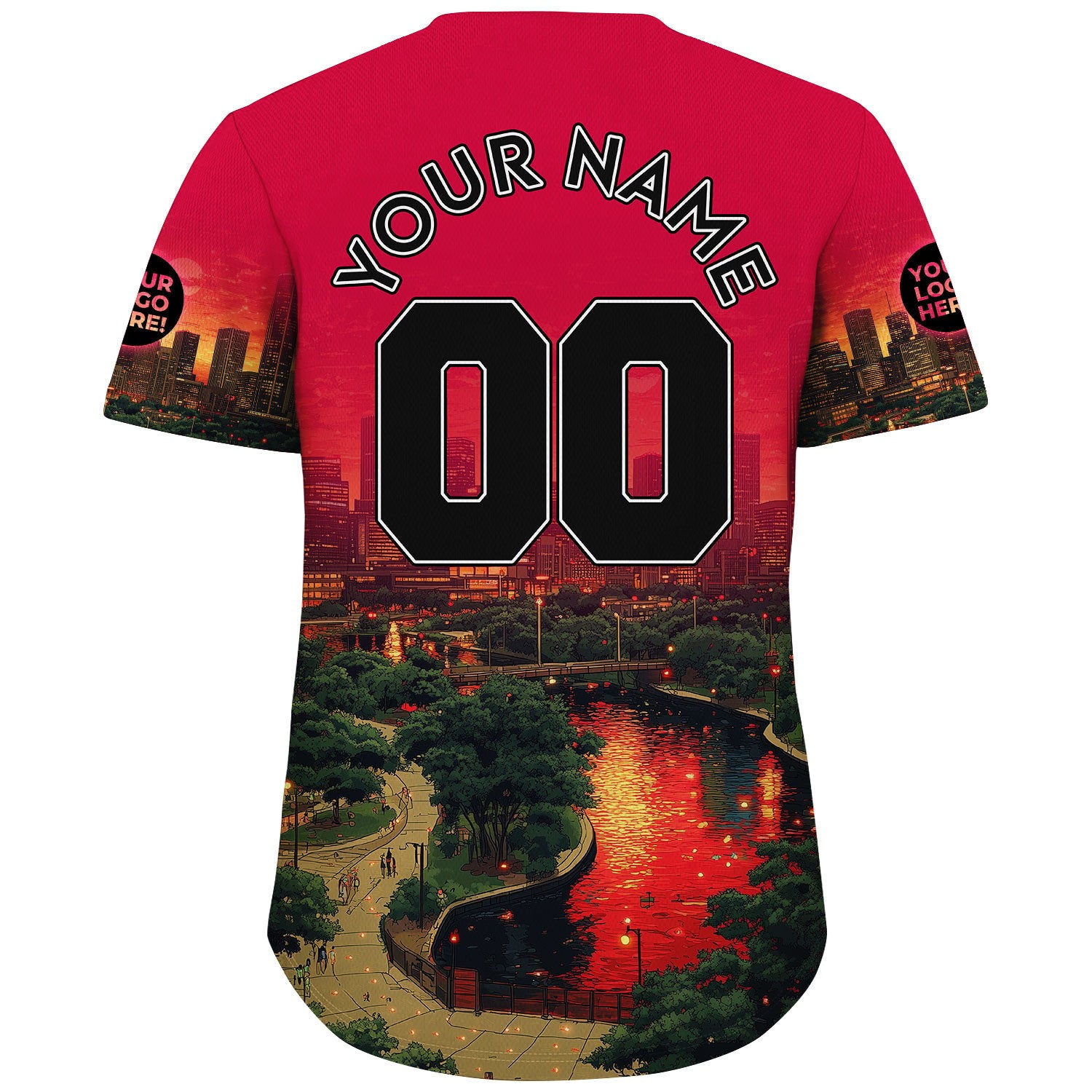 Black Red Houston Texas Rocket City Sunset Skyline Lake View Custom Name Baseball Jerseys For Men & Women