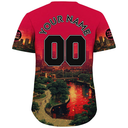 Black Red Houston Texas Rocket City Sunset Skyline Lake View Custom Name Baseball Jerseys For Men & Women