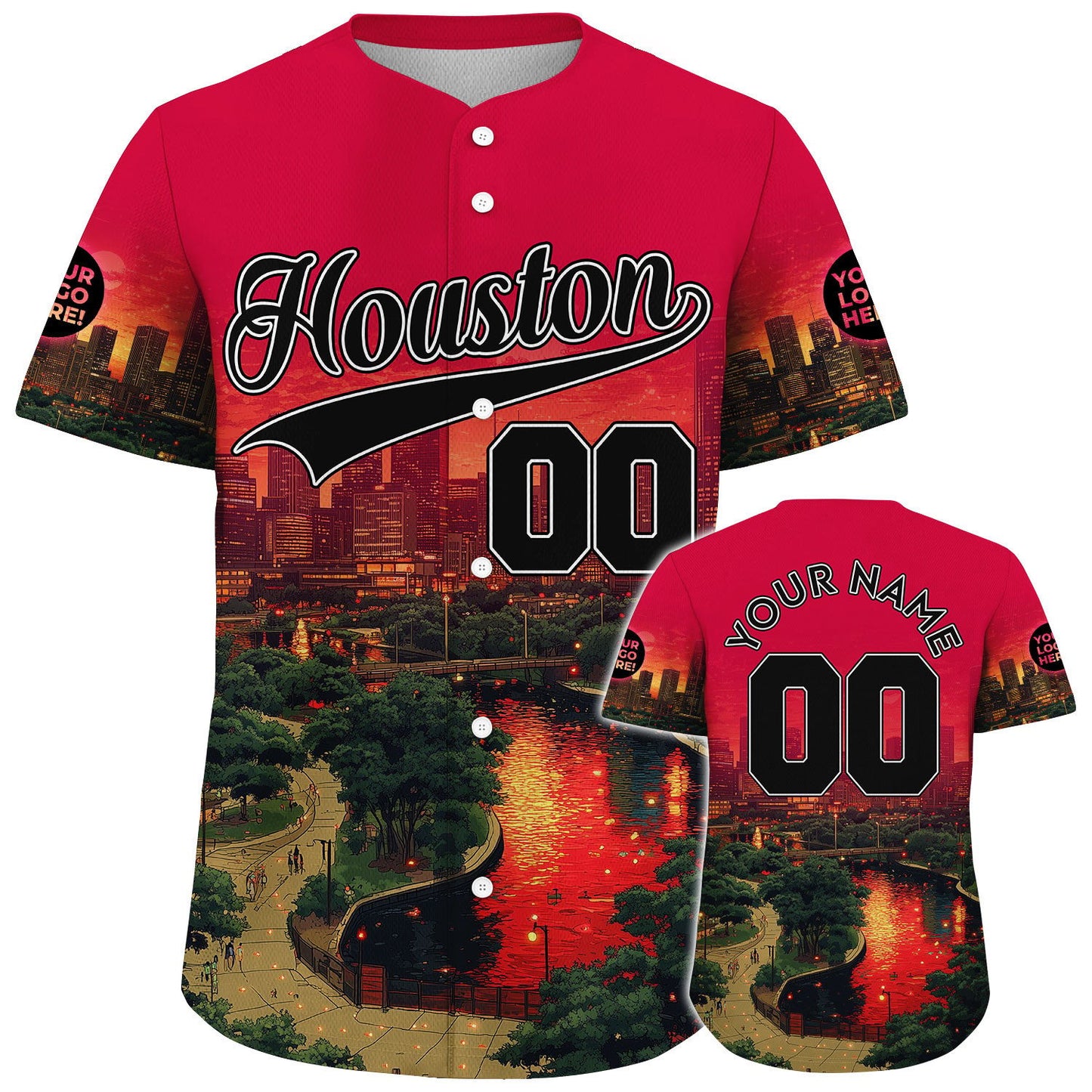Black Red Houston Texas Rocket City Sunset Skyline Lake View Custom Name Baseball Jerseys For Men & Women