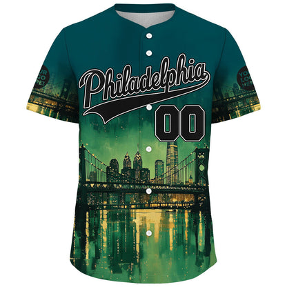 Black Midnight Green Philadelphia Pennsylvania City Fort Pitt Bridge Liberty Place Towers Starry Night Custom Name Baseball Jerseys For Men & Women