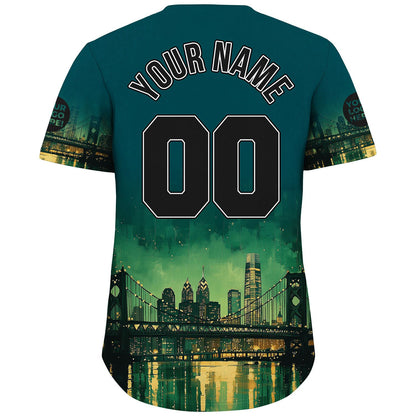 Black Midnight Green Philadelphia Pennsylvania City Fort Pitt Bridge Liberty Place Towers Starry Night Custom Name Baseball Jerseys For Men & Women