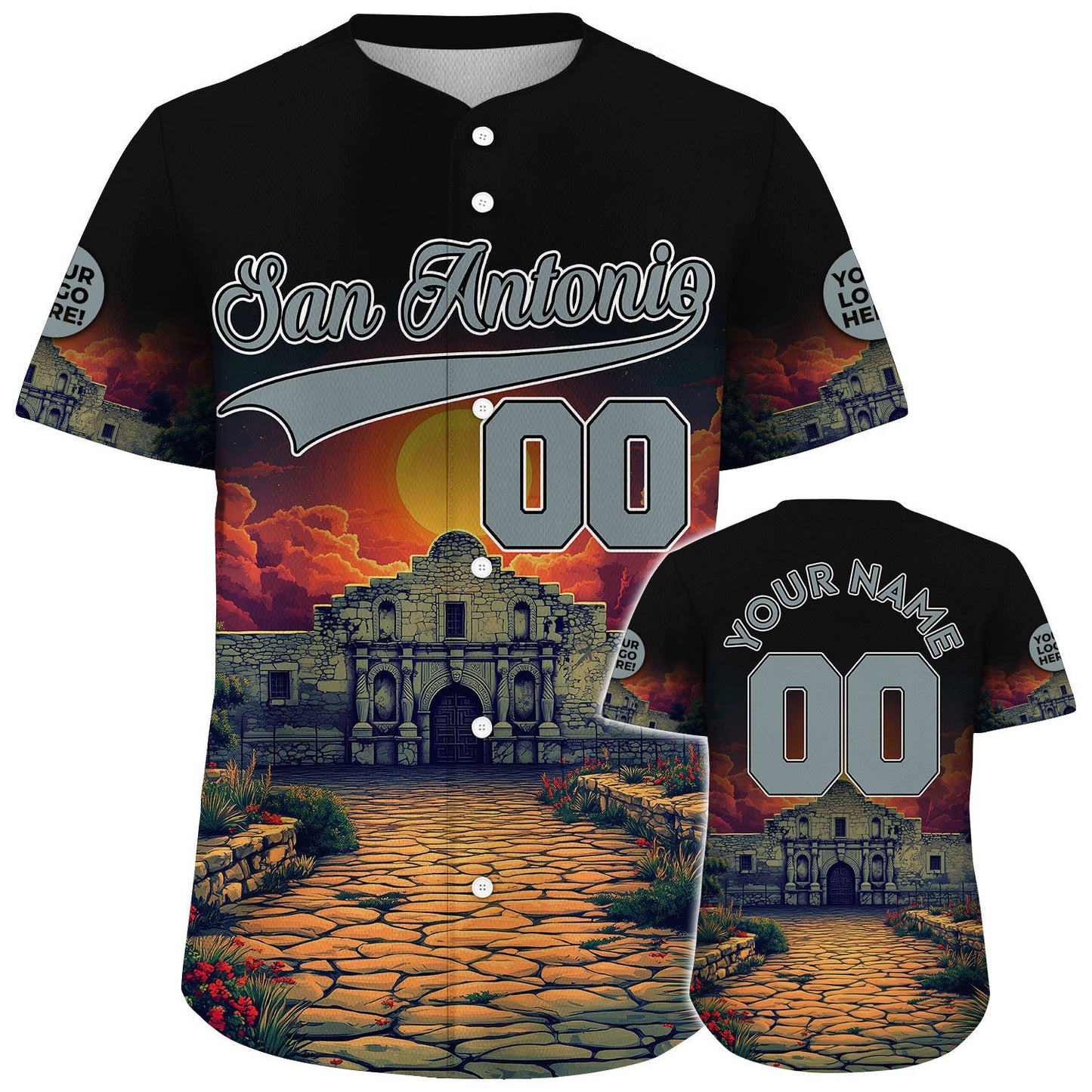 Silver Black San Antonio Texas Alamo Full Moon Custom Name Baseball Jerseys For Men & Women