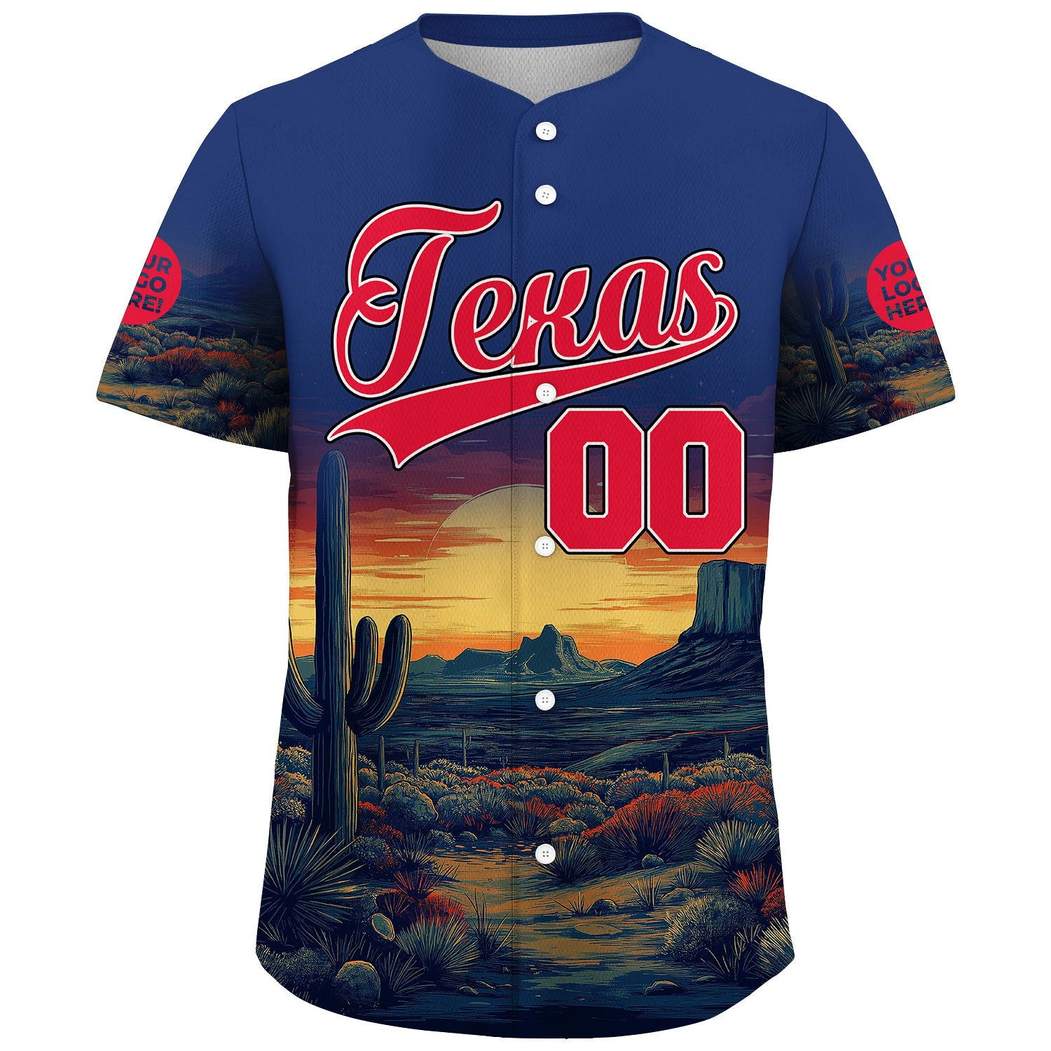 Republic Red Bovine Blue Texas Saguaro Desert Cayon Landscape Sunset Custom Name Baseball Jerseys For Men & Women