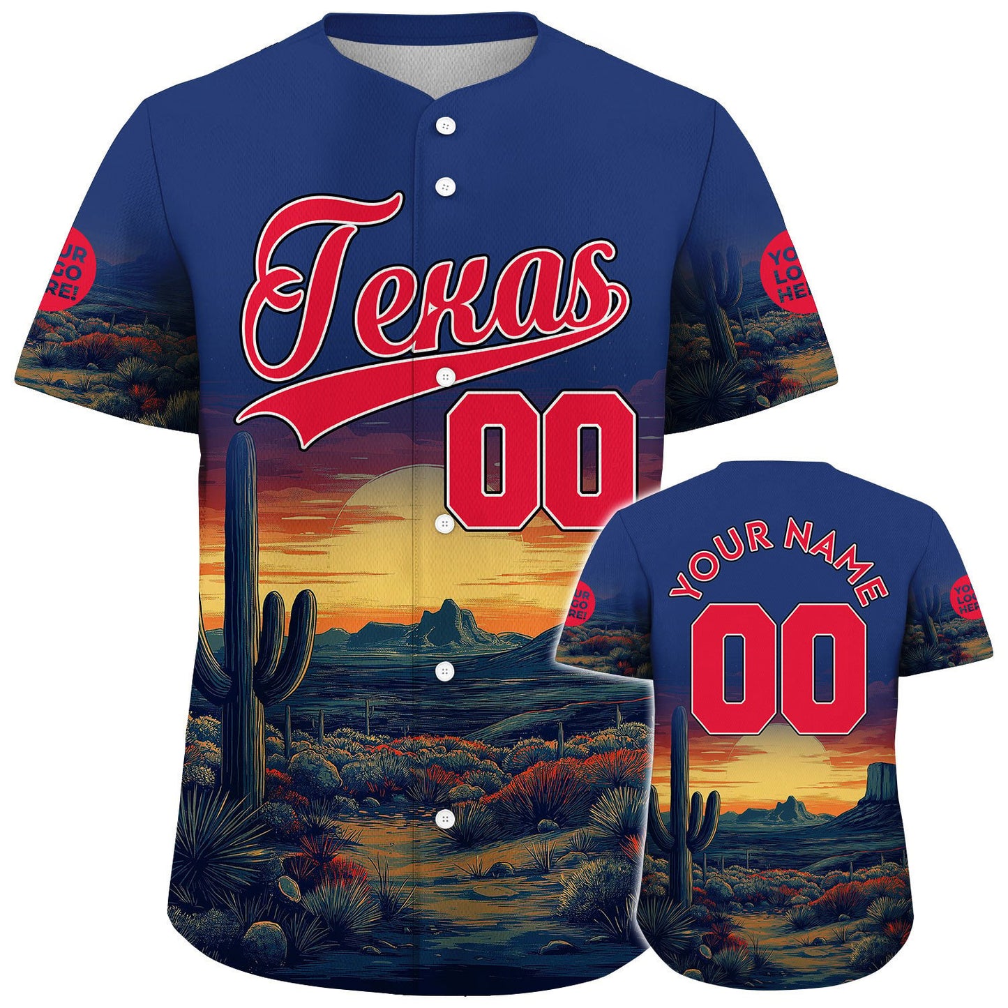 Republic Red Bovine Blue Texas Saguaro Desert Cayon Landscape Sunset Custom Name Baseball Jerseys For Men & Women
