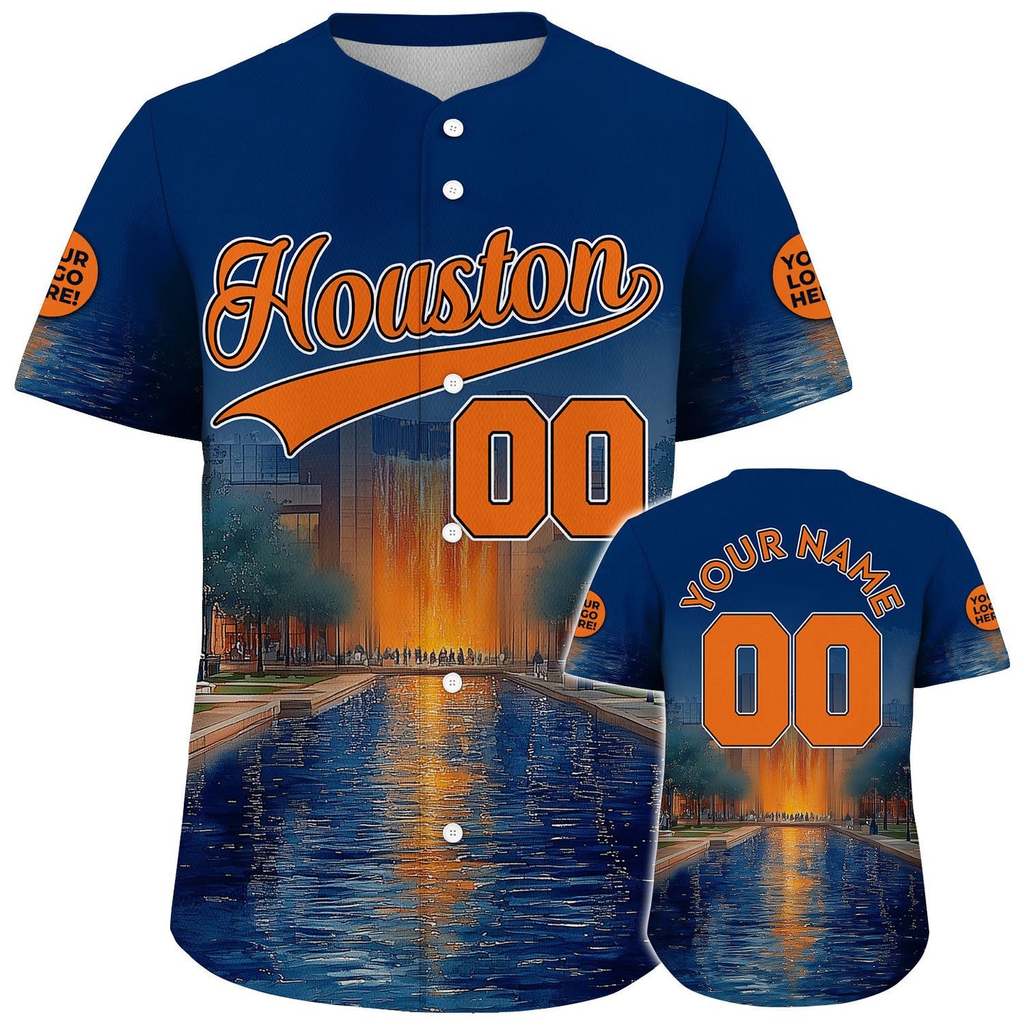 Orange Dark Blue Houston Texas Gerald D Hines Waterwall Park River View Custom Name Baseball Jerseys For Men & Women