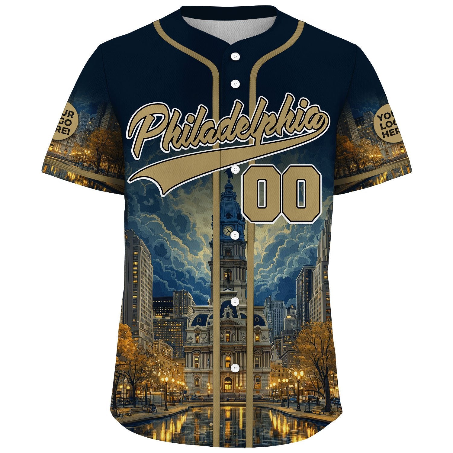 Gold Black Philadelphia Pennsylvania City Hall Night Light Skyline Custom Name Baseball Jerseys For Men & Women