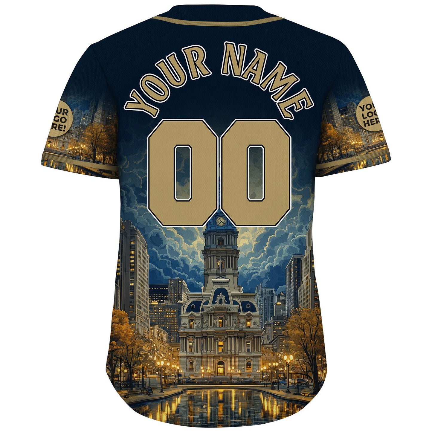 Gold Black Philadelphia Pennsylvania City Hall Night Light Skyline Custom Name Baseball Jerseys For Men & Women