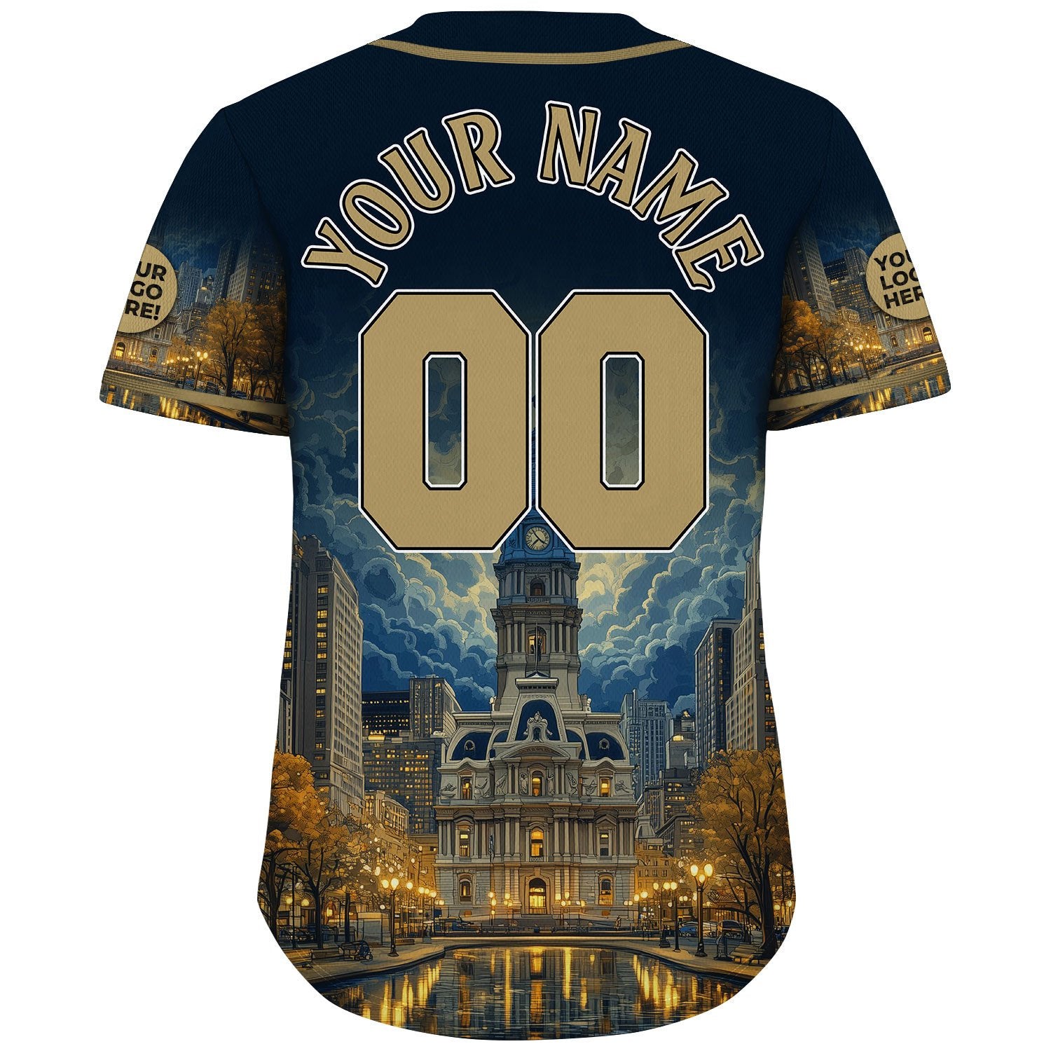 Gold Black Philadelphia Pennsylvania City Hall Night Light Skyline Custom Name Baseball Jerseys For Men & Women