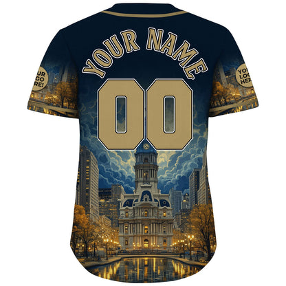 Gold Black Philadelphia Pennsylvania City Hall Night Light Skyline Custom Name Baseball Jerseys For Men & Women