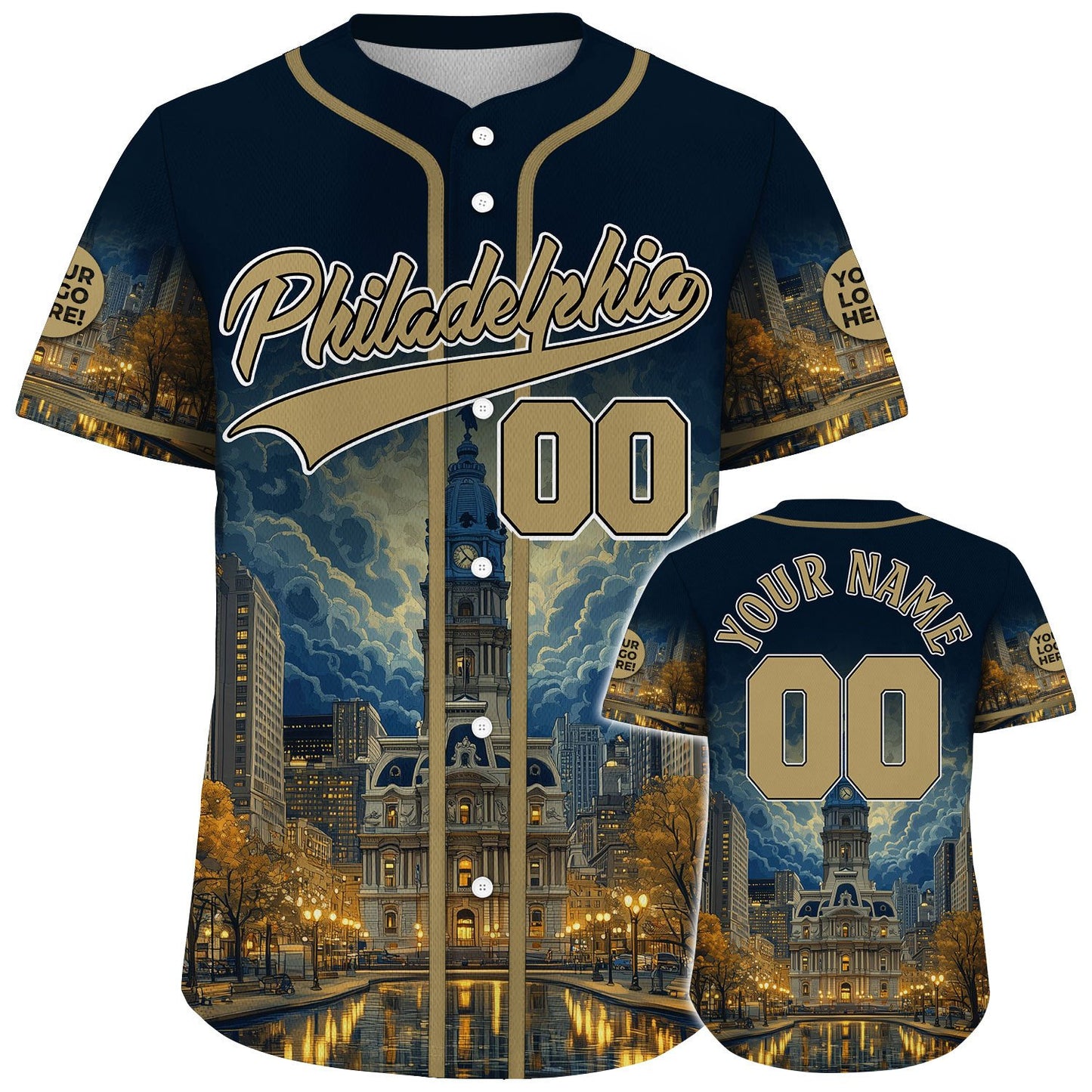 Gold Black Philadelphia Pennsylvania City Hall Night Light Skyline Custom Name Baseball Jerseys For Men & Women